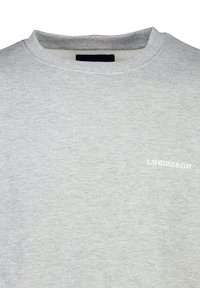 Felpa grigia con colletto tondo e bordo a costine, con un piccolo logo bianco "LINDNERGH" sul lato sinistro. Tessuto morbido e texture.