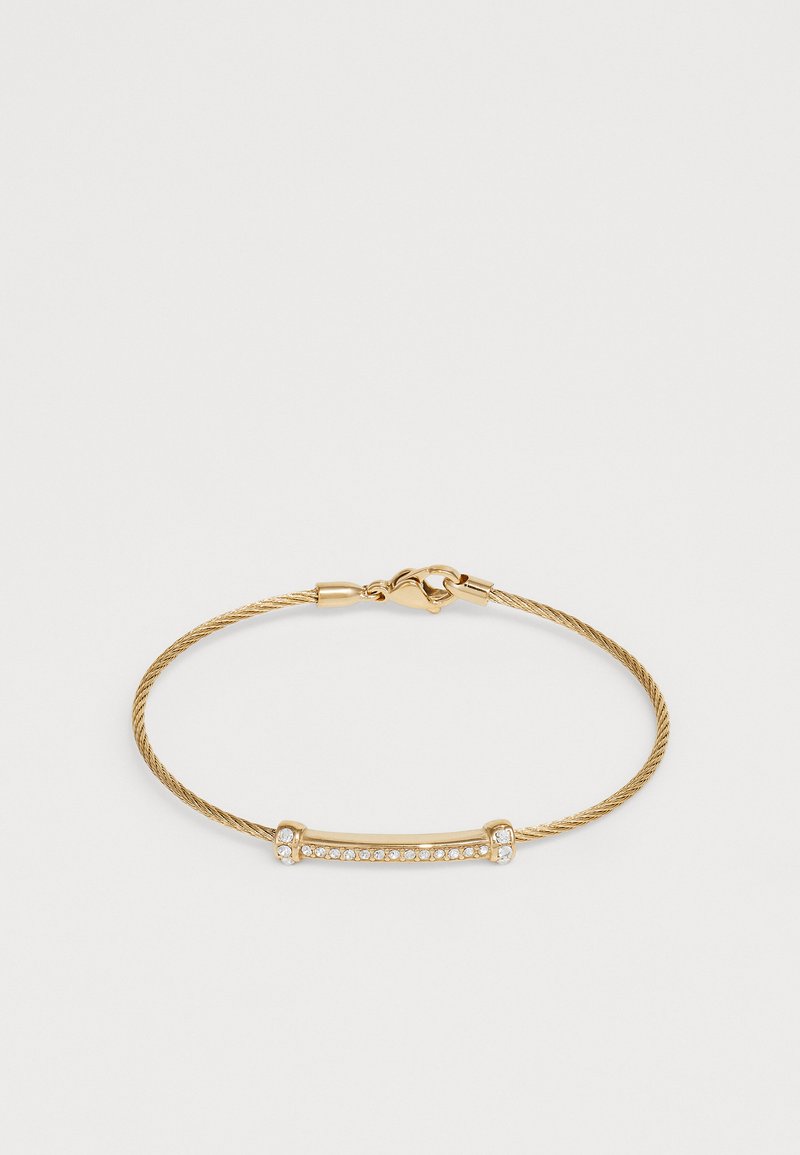 Kuldtoonides käevõru, millel on keerduv kaabli disain ja sirge baar, mille sees on selged kalliskivid, kinnitatud krabi sulguriga.