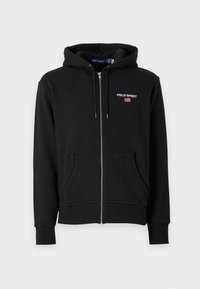 Černá mikina na zip vyrobená z bavlněné směsi, s předními kapsami ve stylu klokánka, kapucí na stažení a vyšívaným logem "POLO SPORT".