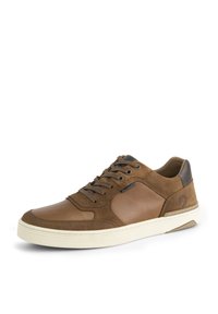 Braune Sneaker aus einer Kombination von weichem Leder und Wildleder, mit Schnürdesign, kontrastierendem dunklem Fersenbereich und Gummisohle mit Logodetail.