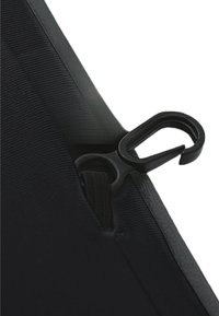 Black tactical strap featuring a sturdy hook attachment, with textured fabric and reinforced stitching for durability and stability.