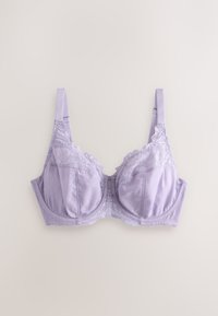 Light purple lace and satin bra with underwire and adjustable straps laid flat on a plain light background.