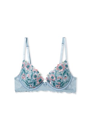 Soutien-gorge bleu clair avec des bonnets transparents brodés présentant des motifs floraux en rose, vert et crème. Bande sous poitrine en dentelle et bretelles ajustables.