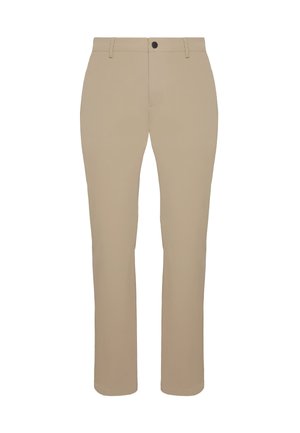 Pantalon beige à jambes droites, fabriqué en tissu lisse. Il dispose d'une fermeture à bouton à l'avant et de poches latérales pour plus de fonctionnalité.