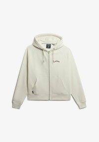 Crème-kleurige zip-up hoodie van zacht materiaal, voorzien van een trekkoordkap, twee vo pockets en een subtiel geborduurd logo op de borst.