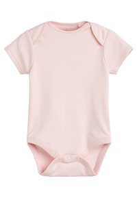 Pink short-sleeve organic cotton onesie with a round neckline, snap fasteners at the bottom, and a soft, smooth texture.