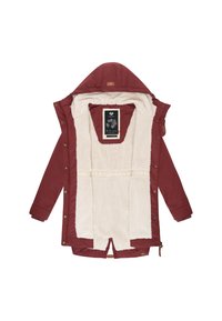 Czerwona kurtka zewnętrzna z pluszowym, kremowym wnętrzem. Posiada kaptur, przednie kieszenie oraz zapięcia na zatrzaski/guziki. Podszewka z miękkiej tkaniny.