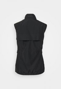 Schwarzes ärmelloses Weste mit hohem Kragen, mit einem Rückenschlappen-Detail, elastischem Bund und glattem, wasserabweisendem Stoff.