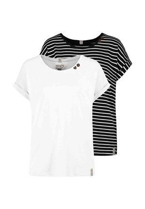 Two short-sleeve tops, one white with two small wooden buttons at the neckline, one black with white horizontal stripes and similar buttons.