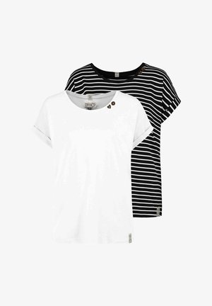 Zwei kurzärmlige Oberteile, eines weiß mit zwei kleinen Holzknöpfen am Ausschnitt, eines schwarz mit weißen horizontalen Streifen und ähnlichen Knöpfen.