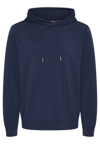 Felpa con cappuccio blu navy in tessuto morbido, dotata di cappuccio con cordino, maniche lunghe e vestibilità comoda. Nessun motivo o dettaglio visibile.