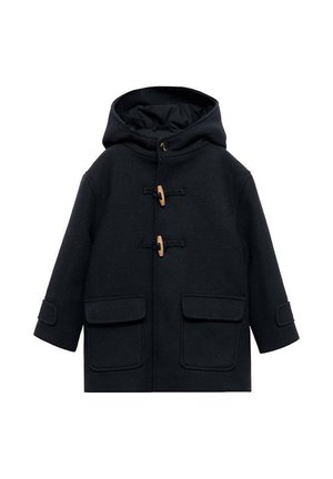 Manteau en laine bleu marine avec capuche, présentant des fermetures à toggles en bois, deux grandes poches avant et une silhouette décontractée.
