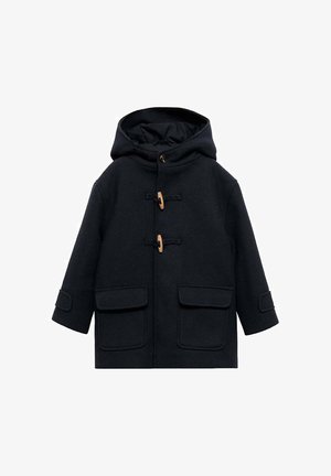 Cappotto di lana blu navy con cappuccio, dotato di chiusure a toggles in legno, due grandi tasche frontali e una silhouette rilassata.