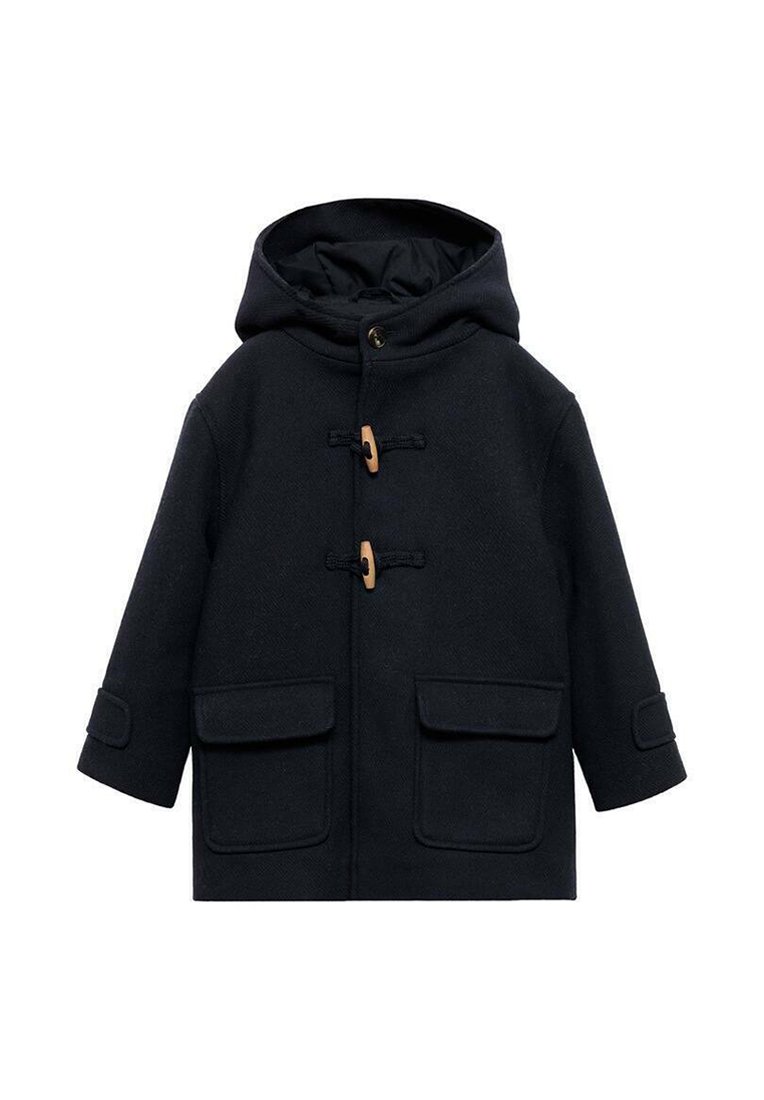Marineblauwe wollen jas met een capuchon, voorzien van houten toggle-sluitingen, twee grote voorkeuzes en een ontspannen silhoët.