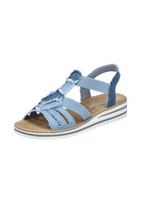 Blue fabric sandal with distressed texture, open toe, elastic straps, and a cushioned footbed. Features a white and grey striped sole.