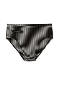 Slip de bain à rayures verticales noires et blanches avec une petite poche zippée sur le côté gauche.