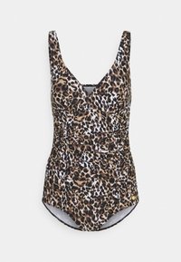 Leopardprint éénstuk zwempak met v-hals, brede schouderbanden, geplooide details en een effen gekleurde binnenvoering.