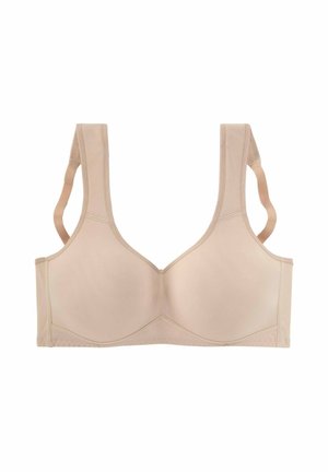 Beige bra with wide shoulder straps and a soft, smooth fabric. Features a seamless design and subtle stitching details along the edges.