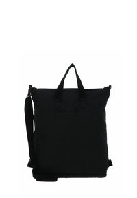 Zaino rettangolare in tessuto nero con manici superiori e tracolla regolabile, su sfondo bianco.