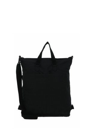 Zaino rettangolare in tessuto nero con manici superiori e tracolla regolabile, su sfondo bianco.