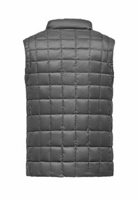 Gevoerde grijze vest met een doorgestikt patroon, voorzien van een hoge kraag en zonder mouwen, gemaakt van lichtgewicht, glad materiaal.