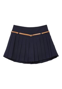 Jupe plissée marine avec une taille plate, dotée d'une ceinture à boucle beige et d'un tissu texturé. Conçue pour une silhouette ajustée.