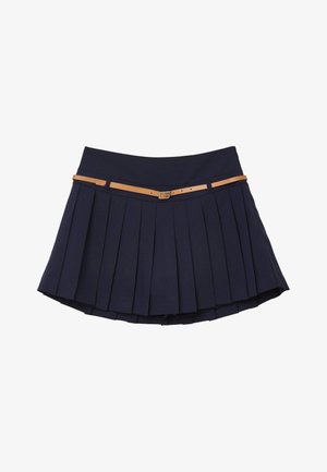 Gonna pieghettata blu navy con vita piatta, dotata di una cintura con fibbia beige e tessuto testurizzato. Progettata per una silhouette aderente.