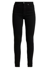Jeans ajustados de talle alto en negro, confeccionados con una mezcla de algodón, que cuentan con un cierre frontal de botón, dos bolsillos delanteros y un diseño elegante y ceñido.