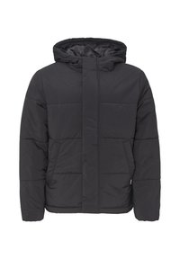 Schwarze gepolsterte Jacke mit Kapuze, mit einem Reißverschluss vorne, zwei seitlichen Taschen und gestepptem Design. Der Stoff wirkt glatt und leicht.