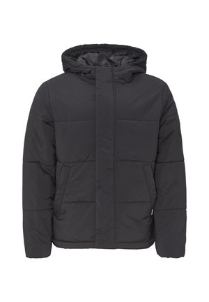 Zwarte gewatteerde jas met een capuchon, voorzien van een ritssluiting aan de voorkant, twee zijzakken en een gestikte textuur. De stof lijkt glad en licht van gewicht.