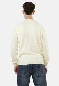 Pull a maglia a maniche lunghe color crema, lavorato a maglia, con polsini e orlo a coste. Tessuto morbido, design semplice e forma leggermente aderente. Indossato con jeans scuri.