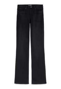 Jean noir taille haute à jambes droites avec poches avant et arrière, fermeture par boutons et passants de ceinture sur fond blanc.
