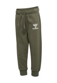 Olivgrüne Jogginghose mit elastischem Bund, verstellbarem Kordelzug und weißem Hummel-Logo auf der Vorderseite. Schmal zulaufende Beinabschlüsse runden das Design ab.