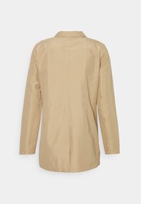 Beige lightweight jacket, featuring a collar, long sleeves, and a straight cut. Made from a smooth, matte fabric with no visible patterns.