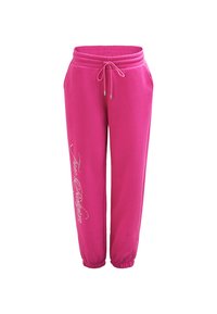 Fuchsia joggingbroek met een elastische tailleband, verstelbaar trekkoord en taps toelopende enkels, met een decoratieve strass script detail op één been.