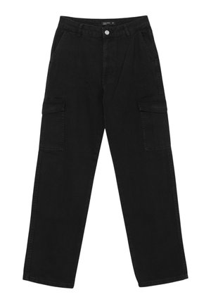 Pantaloni cargo in denim nero con vita alta, numerose tasche laterali, design a gamba dritta e classica chiusura a bottone in vita.