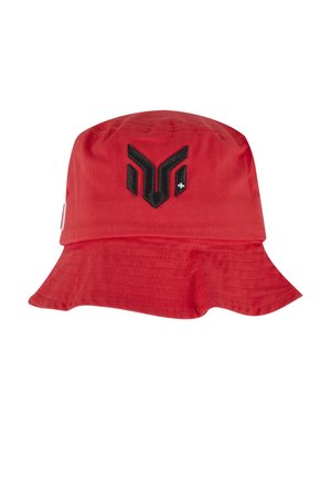 Czerwony kapelusz typu bucket z szerokim rondem i czarnym, haftowanym stylizowanym emblematem na środku przedniego panelu.