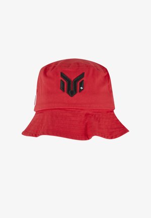 Red bucket hat with wide brim and black embroidered stylized emblem centered on front panel.