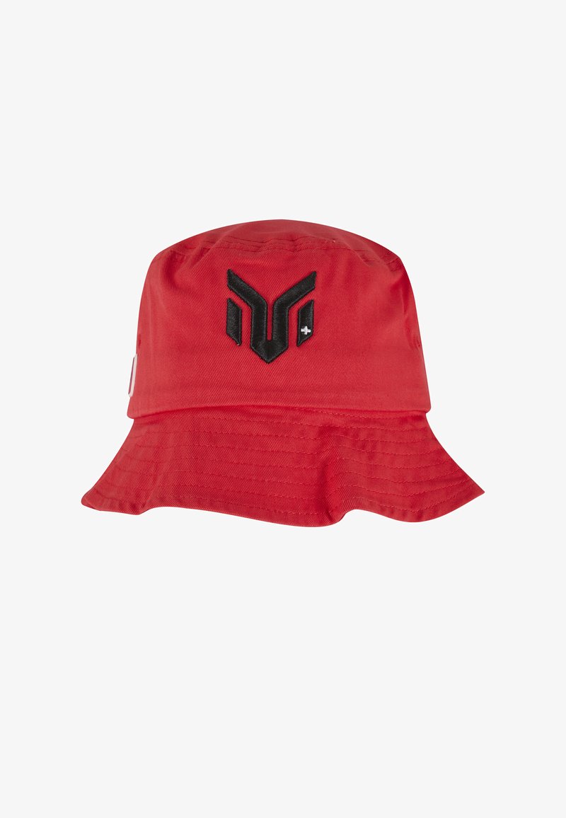 Sombrero tipo bucket rojo con ala ancha y emblema estilizado bordado en negro centrado en el panel frontal.