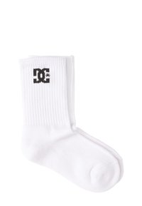 Hvide bomuldscrew-sokker med ribbet tekstur og et sort DC-logo på toppen, med en polstret sål og forstærket tå.