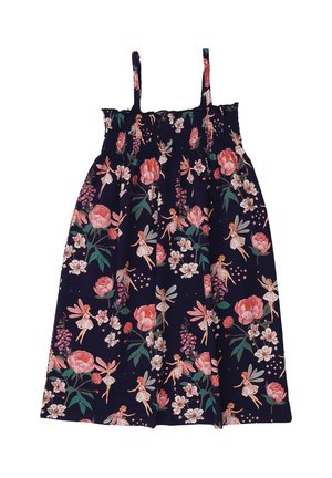 Navy blue sleeveless dress with elastic top, decorated with pink flowers and small fairies with wings scattered across the fabric.