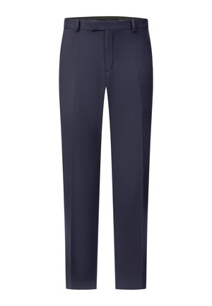 Pantaloni formali blu navy scuro a gamba dritta con passanti per cintura e chiusura frontale nascosta, mostrati su sfondo bianco.