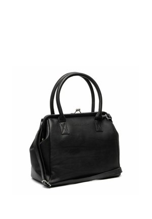 Bolso de cuero negro con dos asas redondeadas y una correa para el hombro desmontable, con un cierre de broche plateado en la parte superior.