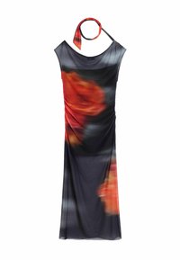 Robe sans manches en tissu transparent à motif floral, avec une conception drapée en noir et rouge, et un nœud assorti au niveau du décolleté.