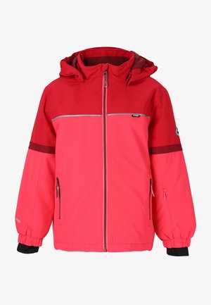 Rote und rosa wasserdichte Jacke mit Kapuze; verfügt über reflektierende Streifen, zwei Reißverschlusstaschen, elastische Bündchen und ein Farbkünstler-Design.