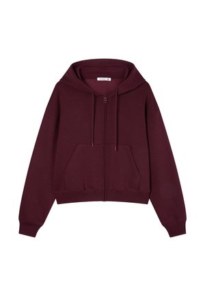 Felpa con zip color bordeaux, dotata di una comoda tasca frontale, cordini e polsini a coste. Tessuto morbido in misto cotone con una vestibilità rilassata.