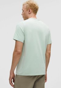 Gai piparmētru zaļš kokvilnas T-krekls ar apaļu kakla izgriezumu un īsām piedurknēm, ar gludu tekstūru un brīvu piegriezumu. Parādīta aizmugures skatījums.