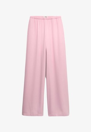 Roze broek met wijde pijpen, elastische tailleband en zijzakken, gemaakt van zachte, vloeiende stof.