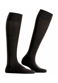 Zwarte kniesokken van een glad, elastisch materiaal. Voorzien van versterkte tenen en hielen met een ribbenband aan de bovenkant voor comfort.