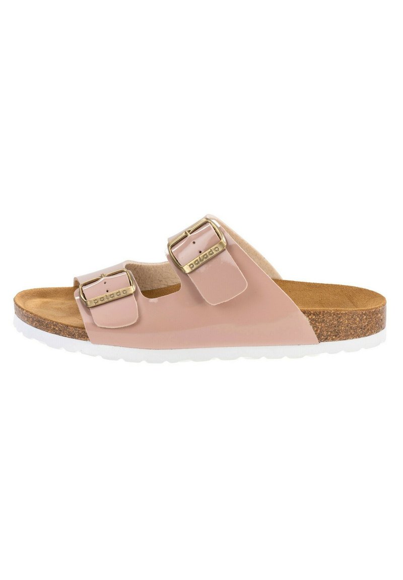 Rosa glidsandal med två justerbara remmar, guldspännen, korkfot sula och vit gummisula, med en glänsande, slät yta.